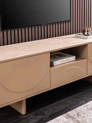 Designový TV stolek LUNA 150 cm – Kašmír s keramickou deskou Travertin Autentický
