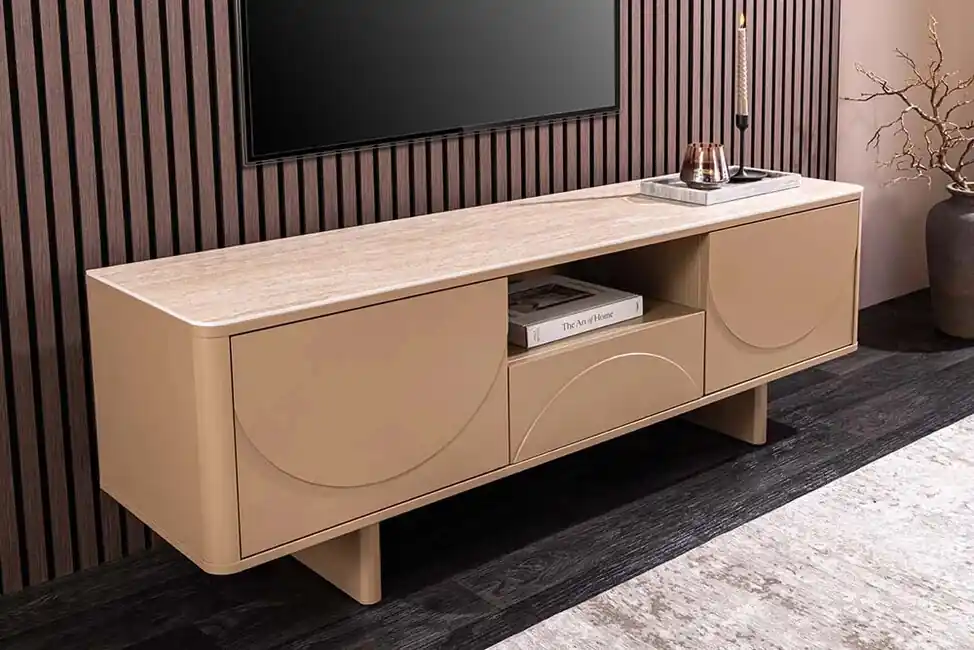 Designový TV stolek LUNA 150 cm – Kašmír s keramickou deskou Travertin Autentický