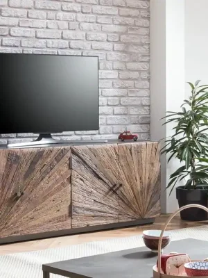 Designový stolek pod TV z masivu a kovu Durham recyklované dřevo 160cm Ihned K Objednání