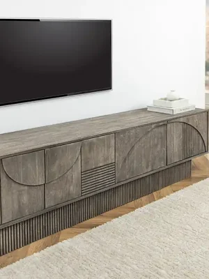 Nízká Cena Designový 3D stolek pod TV z masivu Art Deco Mango šedá 200cm