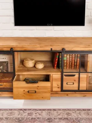Top Prodej Průmyslový stolek pod TV s vitrínou z borovicového masivu Heritage 160cm