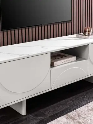 Designový TV stolek LUNA 150 cm Bílý matný & Keramika Mramor Hit Sezóny