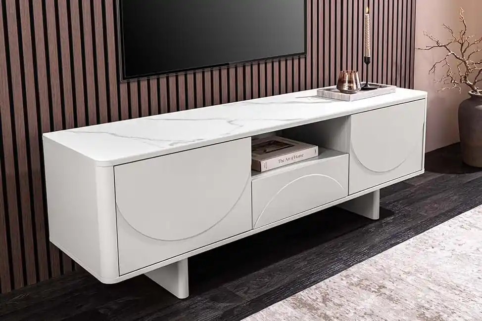 Designový TV stolek LUNA 150 cm Bílý matný & Keramika Mramor Hit Sezóny