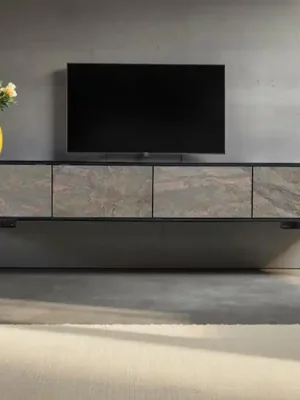 Designová závěsná skříňka pod TV z akáciového masivu a přírodního kamene 200cm Vysoce Kvalitní