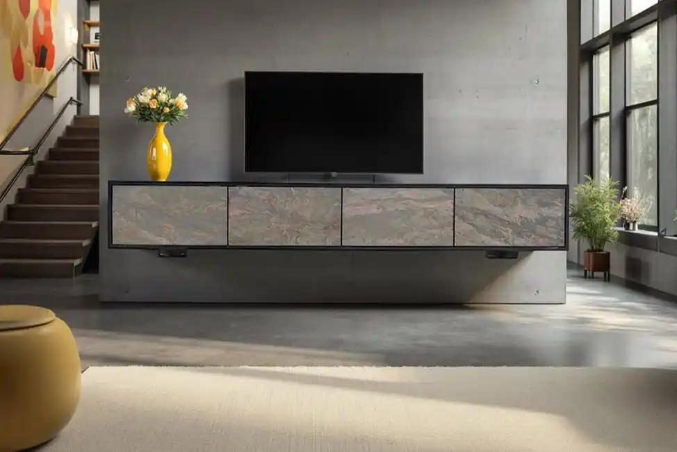 Designová závěsná skříňka pod TV z akáciového masivu a přírodního kamene 200cm Vysoce Kvalitní