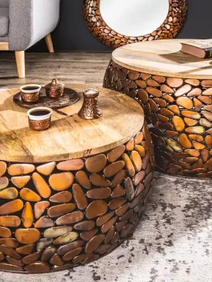 Horká Nabídka Sada 2 konferenčních stolků Stone Mosaic v měděném vzhledu Akácie 66cm