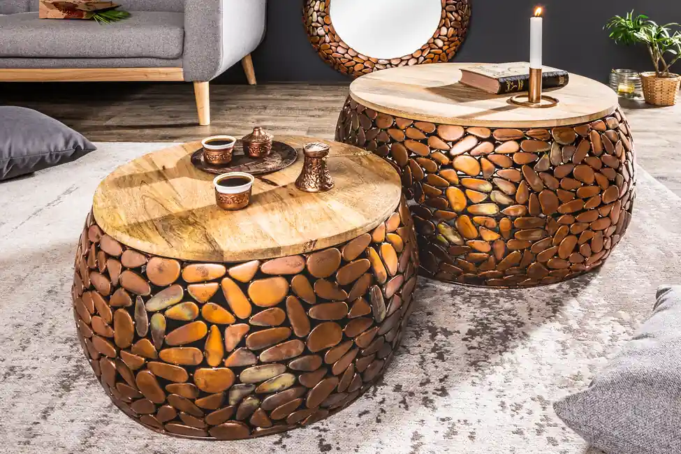 Horká Nabídka Sada 2 konferenčních stolků Stone Mosaic v měděném vzhledu Akácie 66cm
