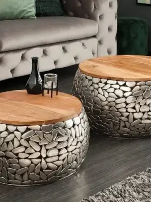 Sada 2 konferenčních stolků Stone Mosaic ve stříbrném vzhledu Akácie 66cm Bezpečná Platba
