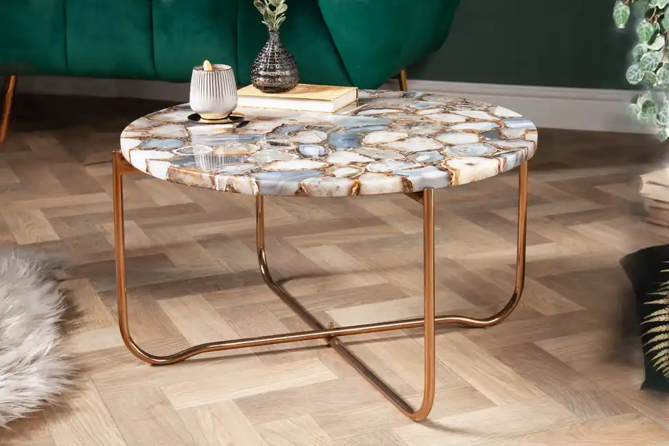 Luxusní konferenční stolek z achátu Noble modrý 62cm Oblíbený
