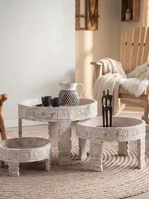 Novinka 3dílná sada dřevěných stolků Kerala vintage bílá