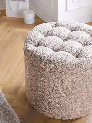 Kulatý taburet Umea s úložným prostorem bouclé šampaňská 50cm Speciální Cena