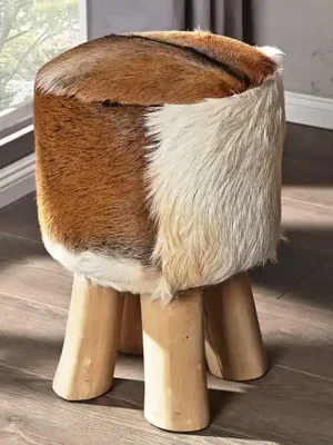 Designový taburet Goat z pravé kůže s kožešinou Teak 45cm Cenová Bomba