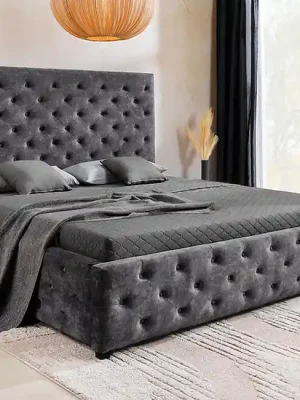 Designová manželská postel s úložným prostorem Reims šedá samet 180x200cm Akce