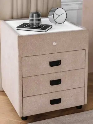 Novinka Designový noční stolek s LED osvětlením Miramas béžový samet 45cm