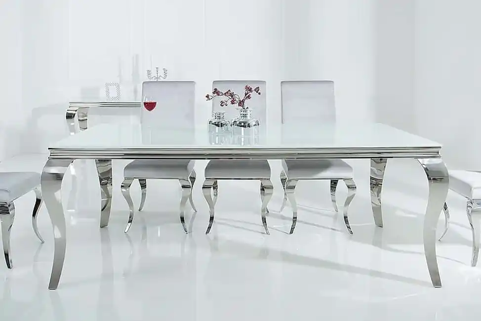 Skleněný jídelní stůl Barock White bílá stříbrná 200cm Super Cena