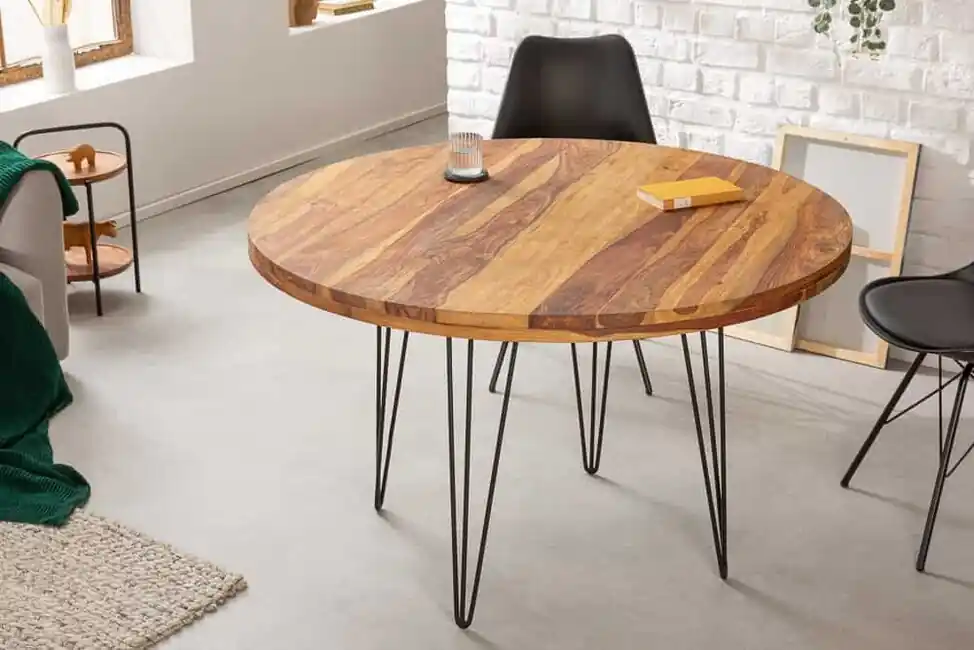 Originální Designový kulatý kuchyňský stůl z masivu Makassar Sheesham 120cm