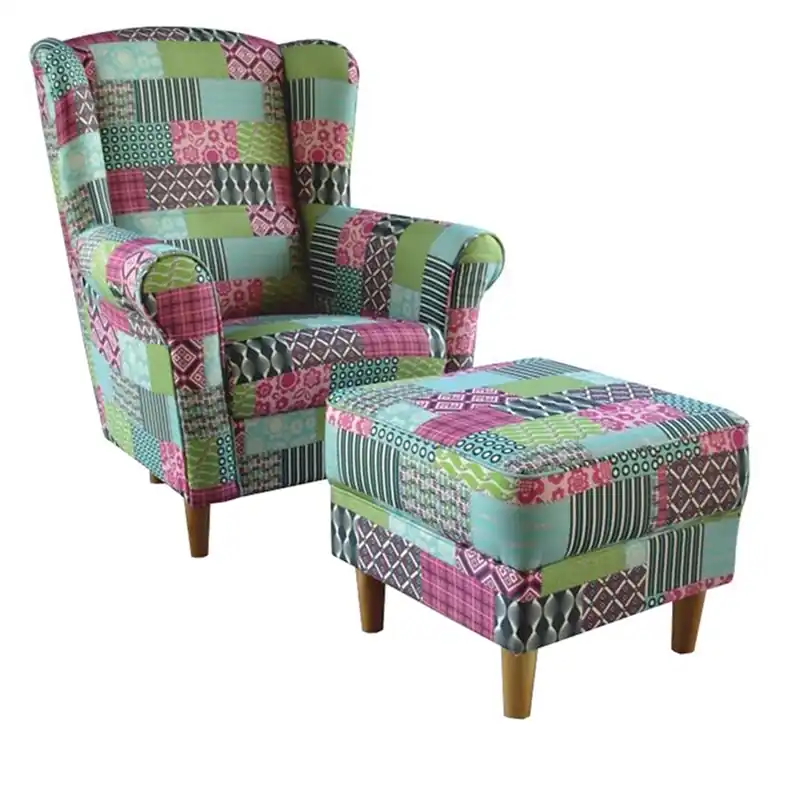 Novinka Křeslo ušák s taburetem, látka patchwork M1, ASTRID
