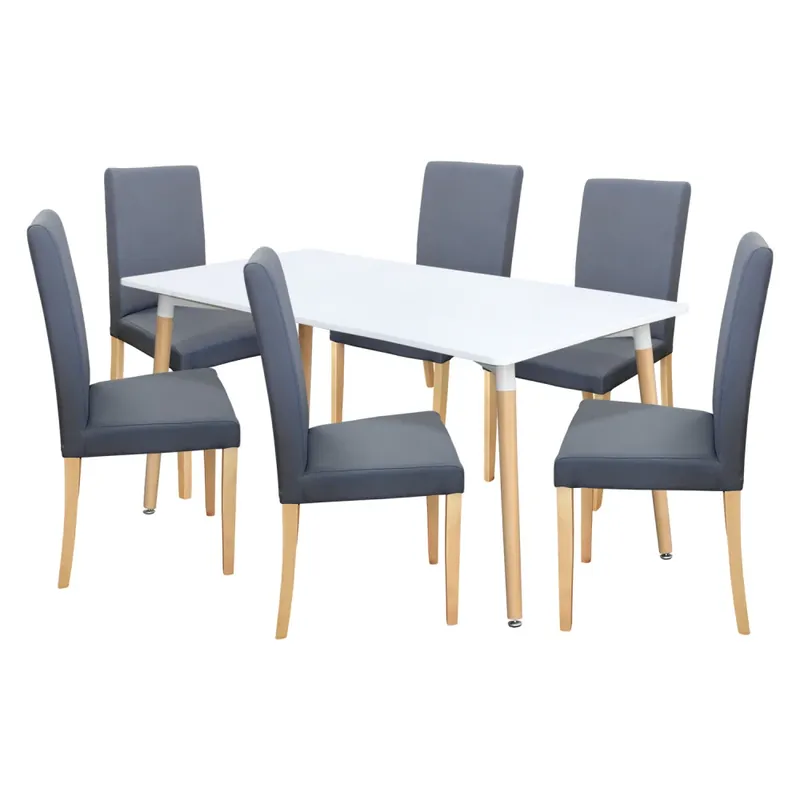 Jídelní stůl ONE 160x90 bílý + 6 židlí PRIMA šedá/světlé nohy Finální Výprodej