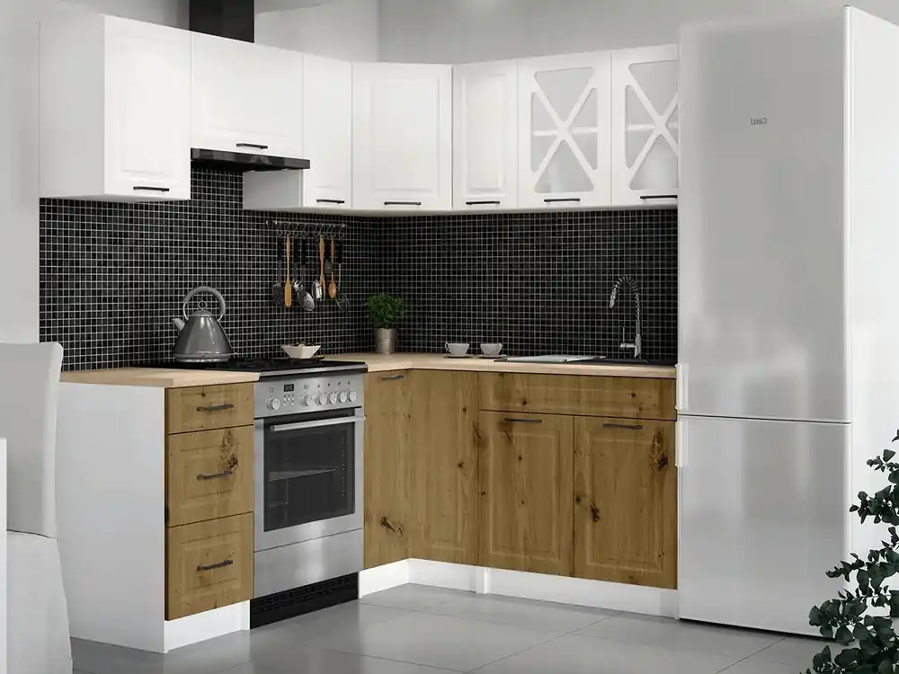 Zlevněný Rohová kuchyňská linka Astra bílá/artisan MAT