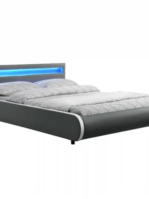 Manželská postel s RGB LED osvětlení,, šedá ekokůže, 160x200, DULCEA Výprodej