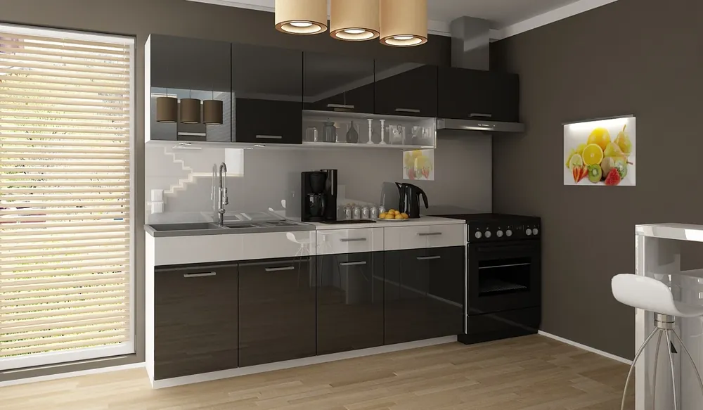 Kuchyňská linka Samara 240/180 černý lesk/bílý pás Akční Cena