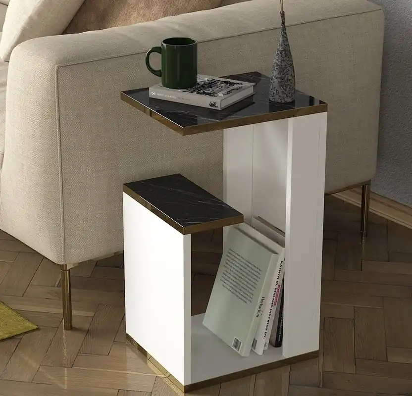 Odkládací příruční stolek CAMUS bílá/marble Ověřený