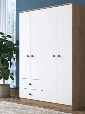 Výprodej DORZANO šatní skříň se zásuvkami, ořech/bílá