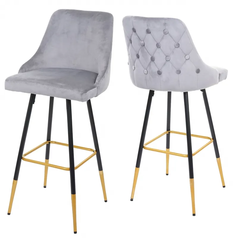 Barová židle v retro stylu E70 (SET 2 ks) - samet, černá / zlatá podnož - Šedá Nízká Cena