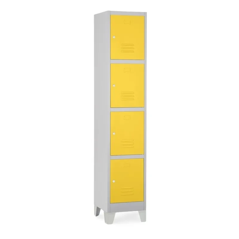 Kovová šatní skříňka - 4 boxy, 38 x 45 x 195 cm, pevné nohy, cylindrický zámek, žlutá - ral 1023 Sleva
