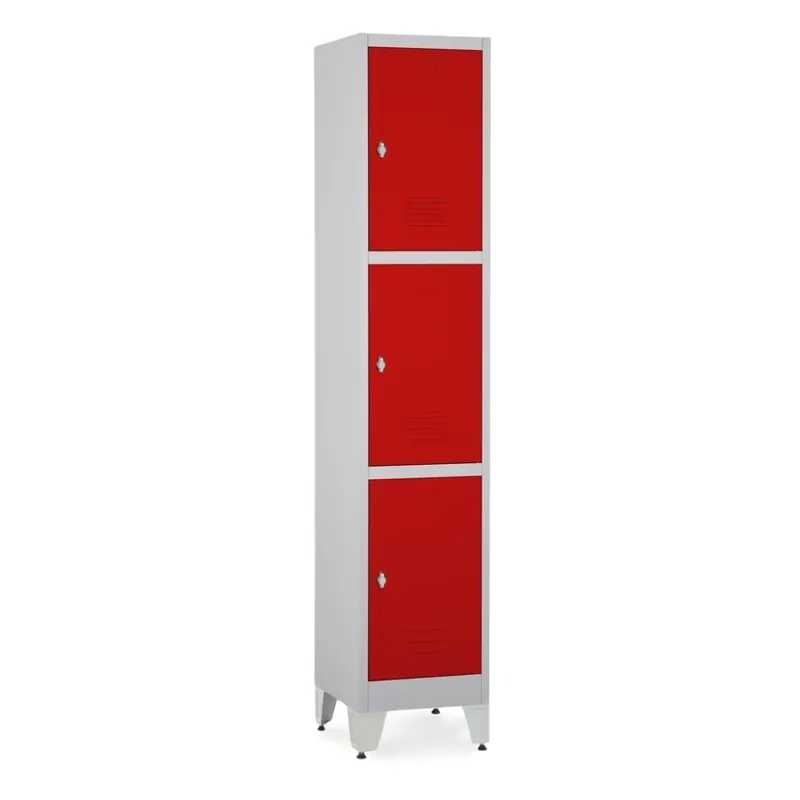 Kovová šatní skříňka - 3 boxy, 38 x 45 x 196,5 cm, nastavitelné nožky, otočný zámek, červená - ral 3000 Jen Po Omezenou Doba