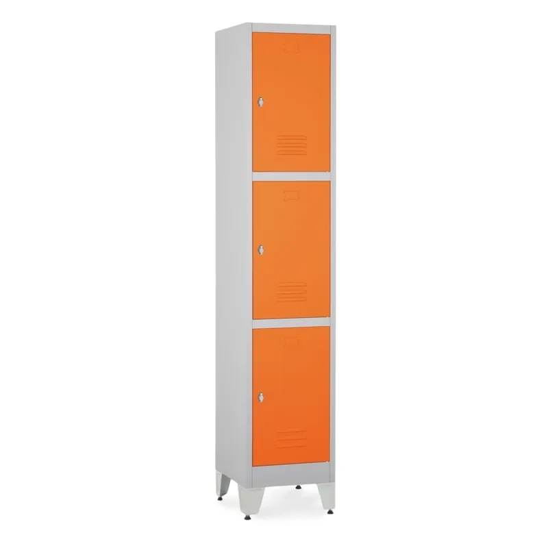 Kovová šatní skříňka - 3 boxy, 38 x 45 x 196,5 cm, nastavitelné nožky, otočný zámek, oranžová - ral 2004 Výhodná Nabídka
