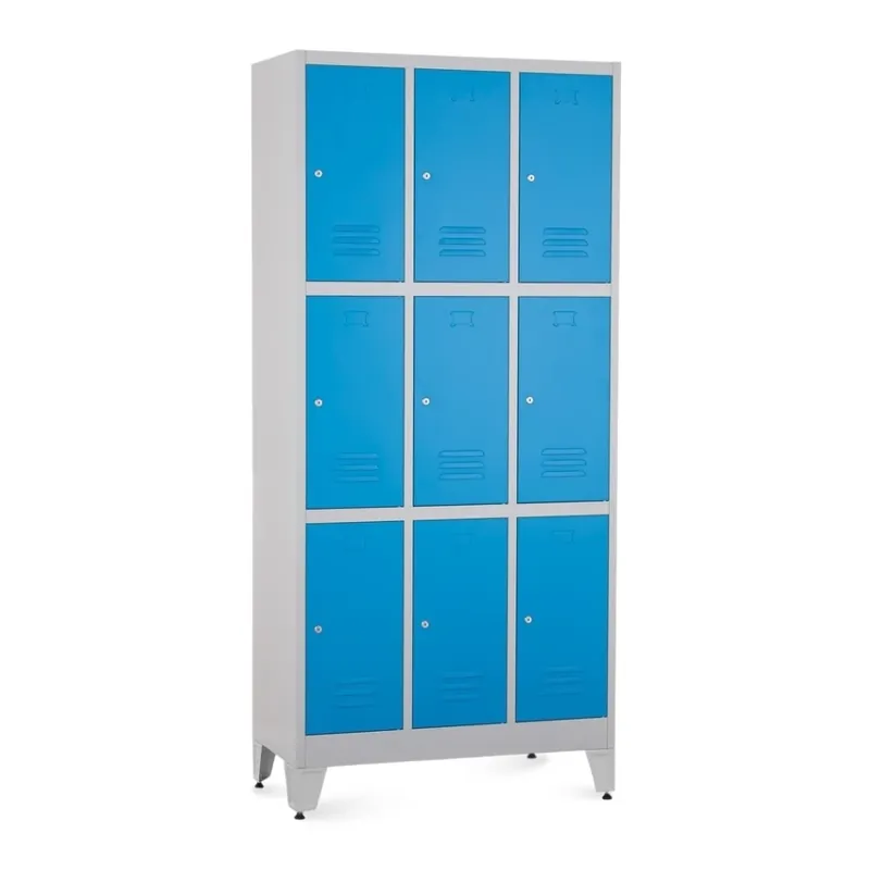 Kovová šatní skříňka - 9 boxů, 90 x 45 x 196,5 cm, nastavitelné nožky, cylindrický zámek, modrá - ral 5012 Nejprodávanější
