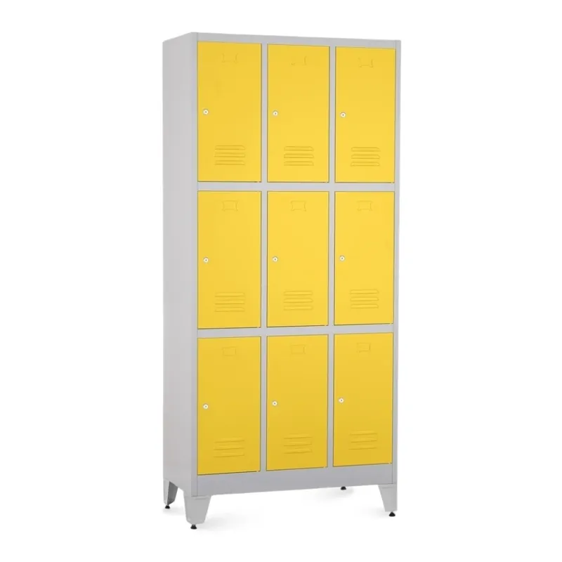 Kovová šatní skříňka - 9 boxů, 90 x 45 x 196,5 cm, nastavitelné nožky, cylindrický zámek, žlutá - ral 1023 Poslední Šance
