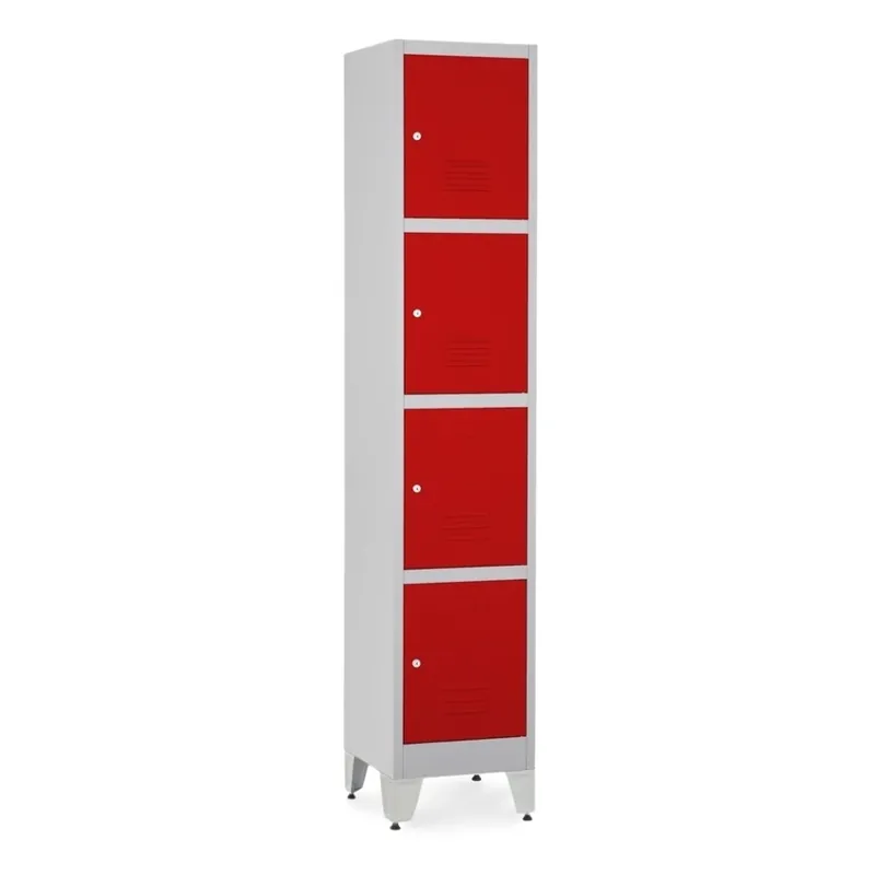Vrácení Zdarma Kovová šatní skříňka - 4 boxy, 38 x 45 x 196,5 cm, nastavitelné nožky, cylindrický zámek, červená - ral 3000