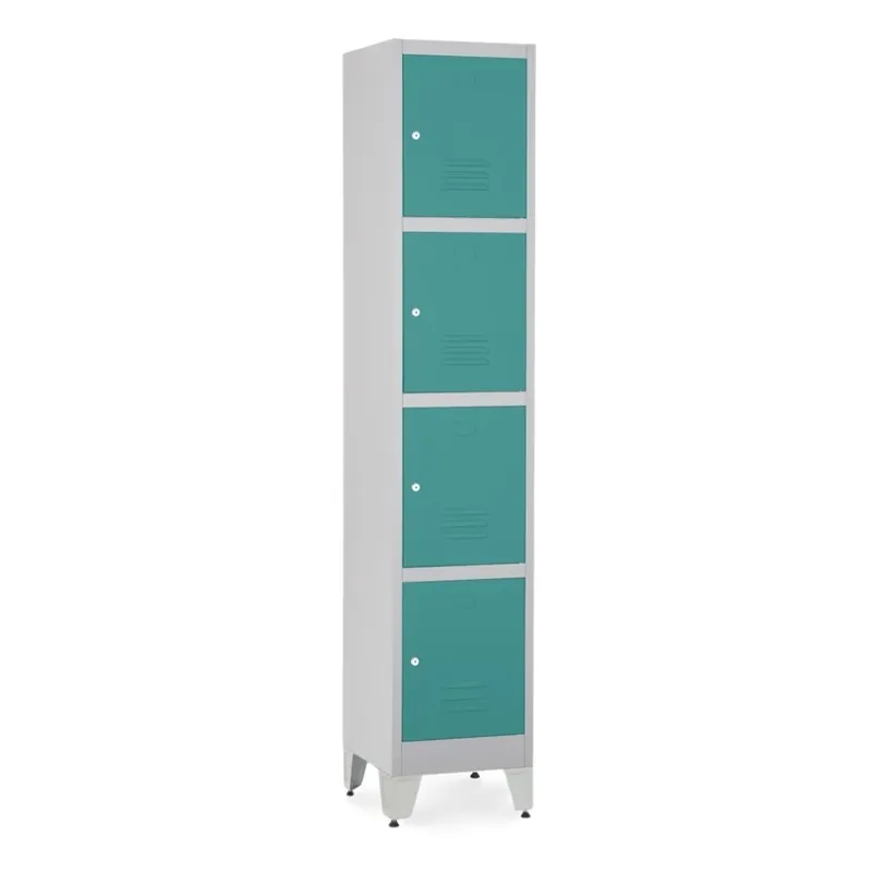 Objednat Nyní Kovová šatní skříňka - 4 boxy, 38 x 45 x 196,5 cm, nastavitelné nožky, cylindrický zámek, zelená - ral 6033