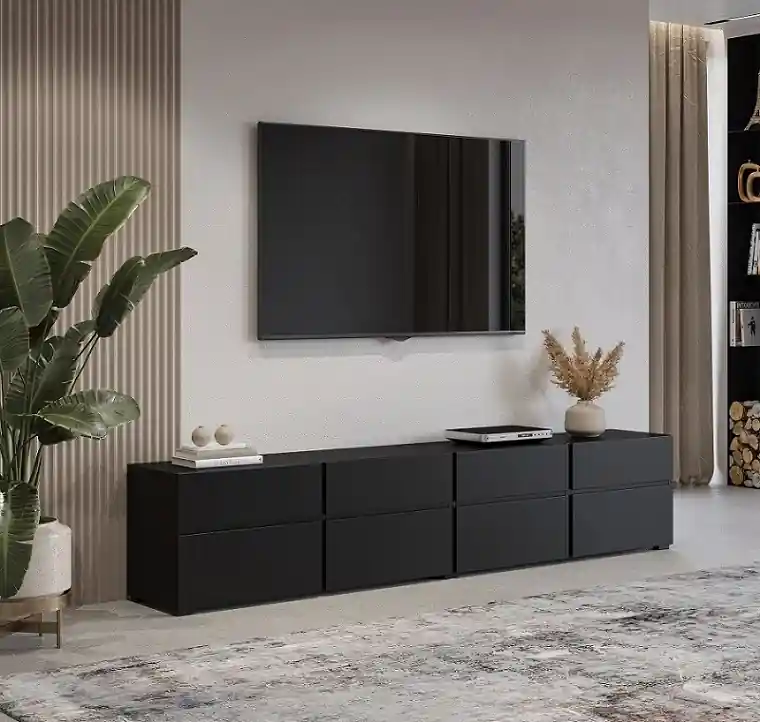 Moderní TV stolek Cross 225 cm - 4 šuplíky + 4 dvířka, černá Nejlepší Cena
